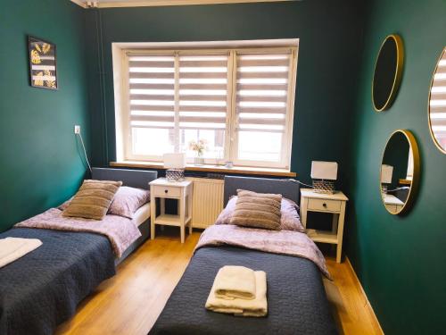 two beds in a room with green walls and mirrors at Apartamenty Centrum Nowa Ruda No1 in Nowa Ruda