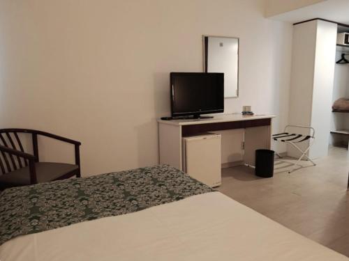 a bedroom with a bed and a desk with a television at Boulevard Plaza in Belo Horizonte