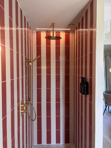 a bathroom with a red and white striped wall at Maison Cromvoirt in Cromvoirt
