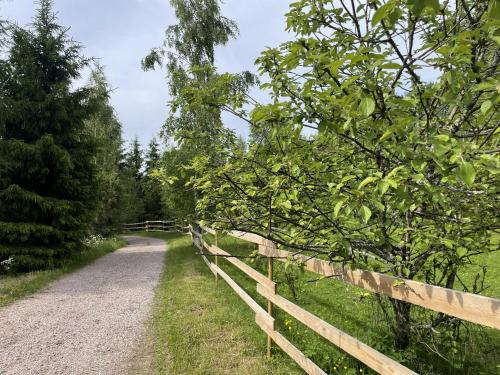a wooden fence next to a dirt road at Koivuniemen Ranch in Hämeenlinna