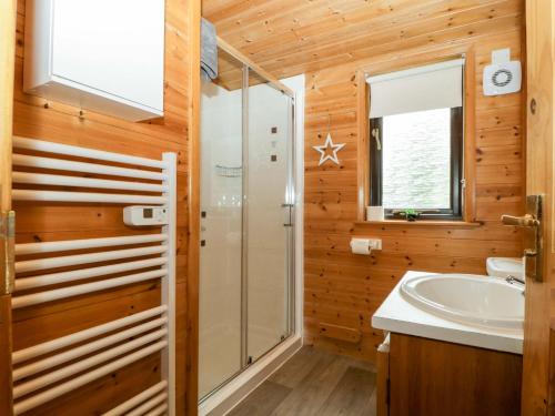 a bathroom with a shower and a sink at Derwent Lodge in Keswick