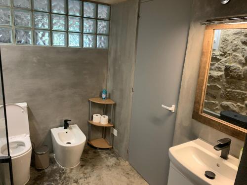 a bathroom with a white toilet and a sink at Casa dos Carballos in Covelo