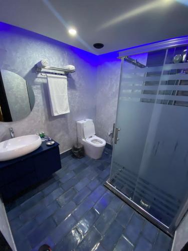 a bathroom with a shower and a sink and a toilet at TALA ROOMS Hotel in Zaqatala