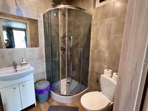 a bathroom with a shower and a toilet and a sink at Domek Dobrawa- 400m do morza in Międzyzdroje