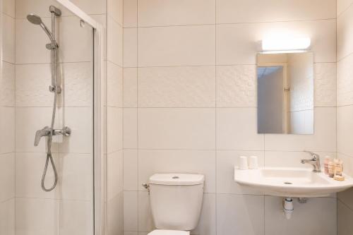 a bathroom with a shower and a toilet and a sink at Hôtel Hélianthe in Lourdes