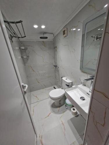a bathroom with a toilet and a sink and a mirror at Villa Semana Ksamil in Ksamil