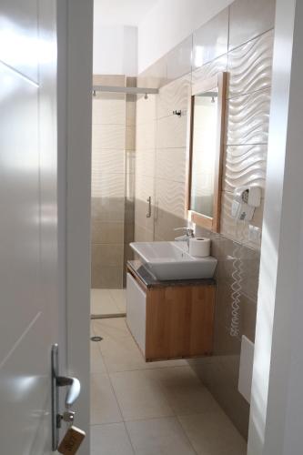 a bathroom with a sink and a mirror at Vila Inheritor in Shëngjin