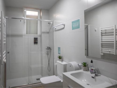 a bathroom with a shower and a toilet and a sink at Rooms Sincelejo in Madrid