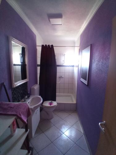 a purple bathroom with a toilet and a sink at Apartmani Blažević in Zaglavice