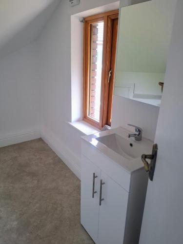 a white bathroom with a sink and a mirror at Sea Loft in Shankill