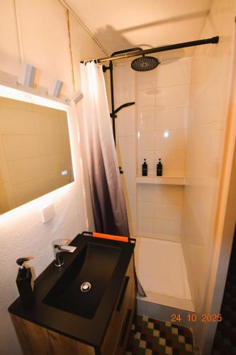 a bathroom with a black sink and a shower at Gite des pecheurs, Gorges du Tarn in Mostuéjouls