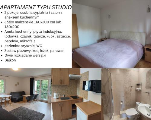 a collage of photos of a bedroom and a bathroom at Przy Lesie Apartamenty Pokoje Parking in Pobierowo