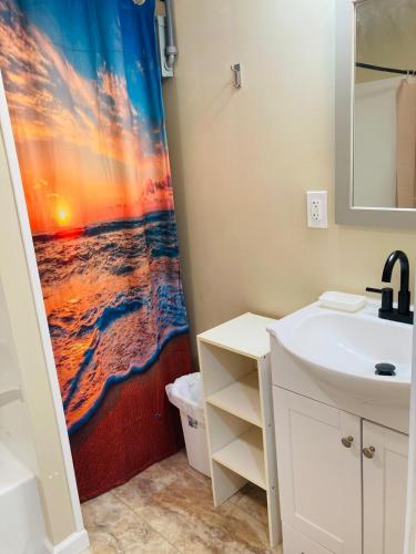 a bathroom with a sink and a shower curtain at The Humble House in Martinsville