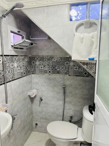 a small bathroom with a toilet and a sink at Casa Inass blue in Chefchaouen