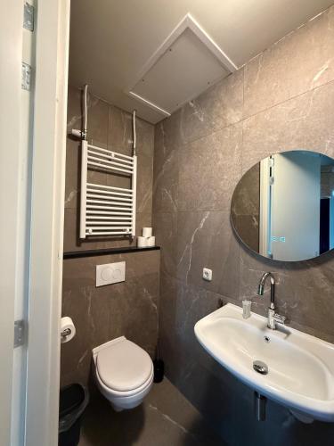 a bathroom with a sink and a toilet and a mirror at Logement Langestreek in Lemmer