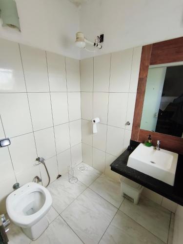 a bathroom with a toilet and a sink at sitiolosbragas in Caetanópolis