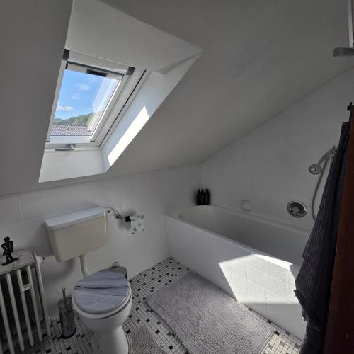 a bathroom with a tub and a toilet and a window at Im Buchenweg in Großheubach