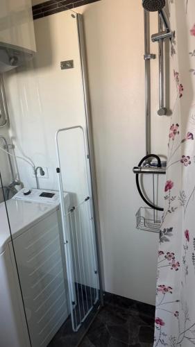 a small kitchen with a sink and a glass door at Mysigt torp på bondgård in Lämmedal