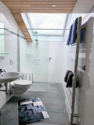 a bathroom with a shower and a toilet and a sink at Ferienwohnung Soiernblick Krün Bärnbichl in Krün