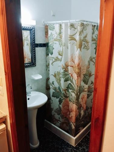 ein Badezimmer mit Duschvorhang und Waschbecken in der Unterkunft WHITE CASTLE Studios in Lefkos Karpathos