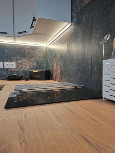 a kitchen with a wall with a counter top at Diwo Apartament in Koszalin