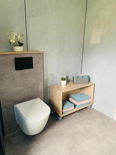 a bathroom with a toilet and a shelf with towels at Ferienidylle im Westerwald in Seck