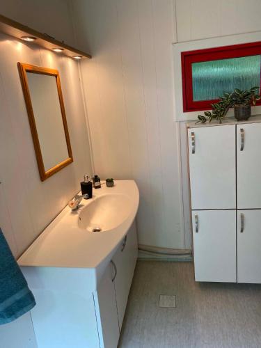 a bathroom with a sink and a mirror at Thy Glamping in Hurup