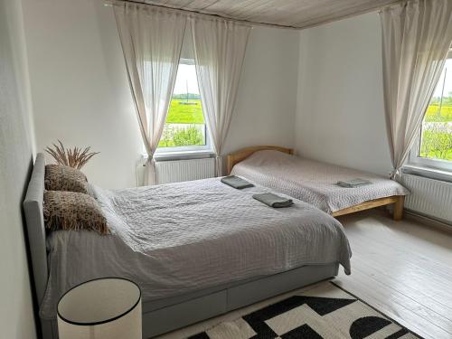 a bedroom with two beds and two windows at Upeskrastu mājas in Vilcāni