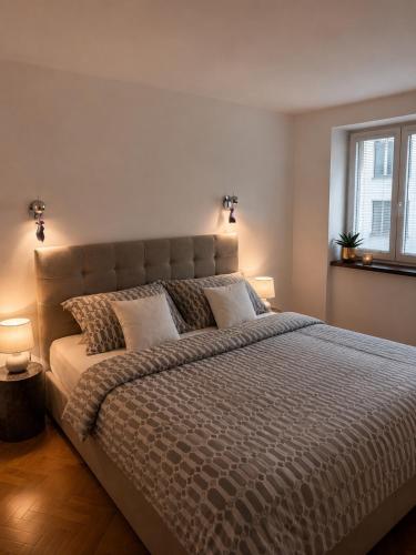 a bedroom with a large bed with two pillows at Apartmán Višňovka in Pardubice