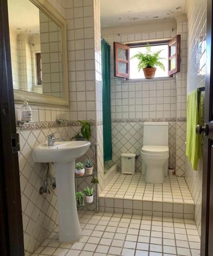 a bathroom with a sink and a toilet and a window at La casita de Adri habitación privada en alojamiento compartido en zona colonial in Santo Domingo
