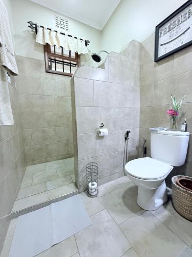 a bathroom with a toilet and a shower at The Angelique Oasis in Arusha