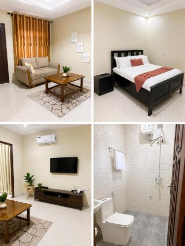 four pictures of a hotel room with a bed and a bathroom at Ecostar apartments in Morogoro