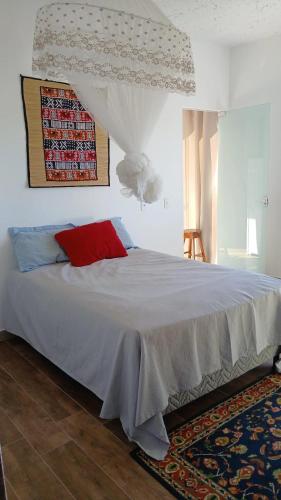 a bedroom with a large bed with a red pillow at Espaço MV Family in Prado