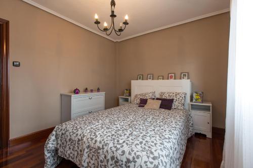1 dormitorio con cama y lámpara de araña en Calle Magallanes, en Barakaldo