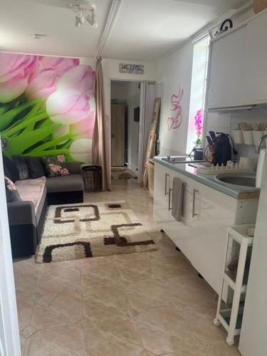a living room with a couch and a kitchen at KiDo Apartman in Balatonberény