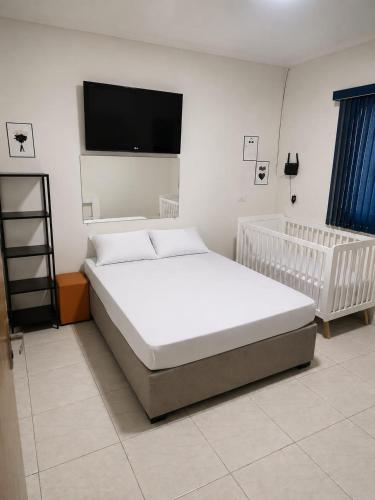 a bedroom with a bed and a flat screen tv at Recanto sonho meu in Trindade