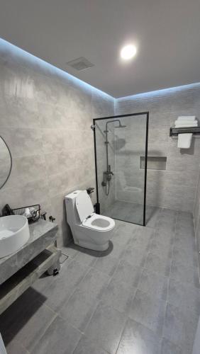 a bathroom with a shower and a toilet and a sink at Noor-Hatta Deluxe Villa Farmhouse in Hatta