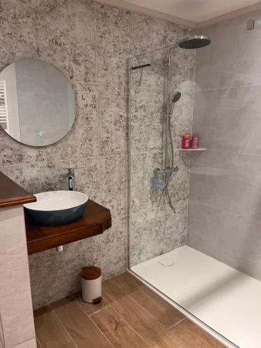 a bathroom with a shower and a sink and a sink at La chambre des clefs in Ranville