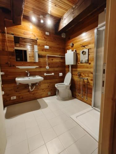 a bathroom with wooden walls and a toilet and a sink at Rifugio Escursionistico Vernin in Fenils
