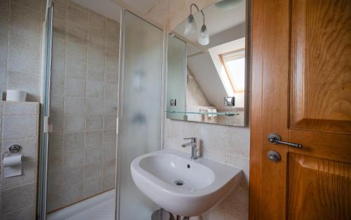 a bathroom with a sink and a mirror at Udobna hiša med vinogradi blizu Vinarium LEND - Comfortable Vineyard House near Vinarium Tower LEND in Lendava
