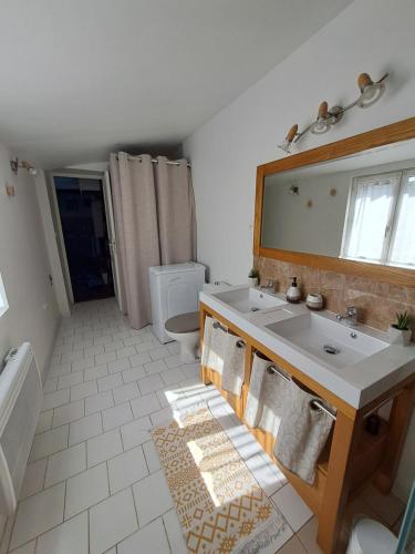 a bathroom with a sink and a mirror at La Chaumière de Chabine in Oizon