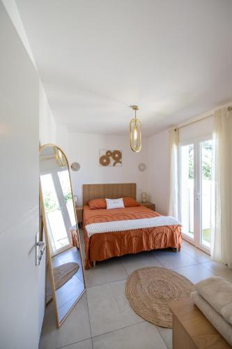 a bedroom with a bed and a mirror at Terracotta house in Sorgues