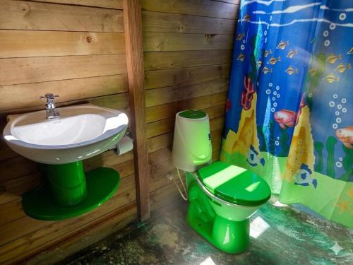 a bathroom with a green toilet and a sink at Cabaña Vikana in Nuquí