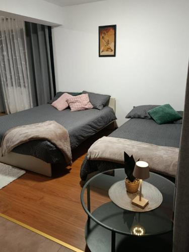 a room with two beds and a glass table at Studio apartman EMA in Brodski Varoš