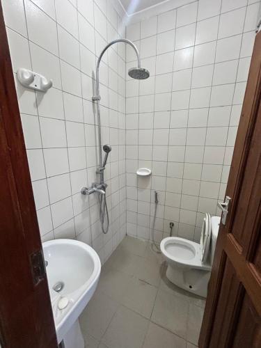 a bathroom with a shower and a toilet at Central Calm Apartment in Dar es Salaam