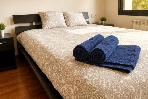 a bed with two blue towels on top of it at La Cepada in Carrandi