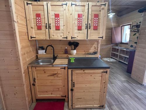 a kitchen with wooden cabinets and a sink at Le scalette di Giocondo in Roio Piano