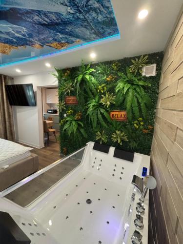 a bath tub in a room with a plant wall at D&D Studio in Petrila