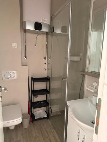 a small bathroom with a toilet and a sink at Lux Apartment Vidovic II in Rafailovici