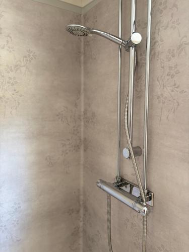 a shower with a shower head in a bathroom at Hus Hultsnäs in Högsby